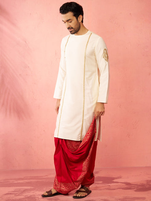 Men's Cream Zardozi Kurta Red Dhoti Set